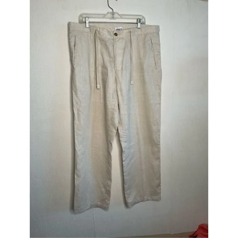 TASSO ELBA‎ Island Pants Men 36x32 Beige 100% Linen Drawstring Trousers Beach
